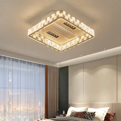 Modern Luxury Stainless Steel Acrylic Crystal Round Square Rectangular LED Flush Mount Ceiling Bladeless Fan Light For Bedroom