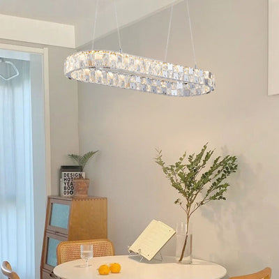 Moderne Luxus Edelstahl Acryl Kristall Elliptische LED Kronleuchter Deckenventilator Licht für Esszimmer 