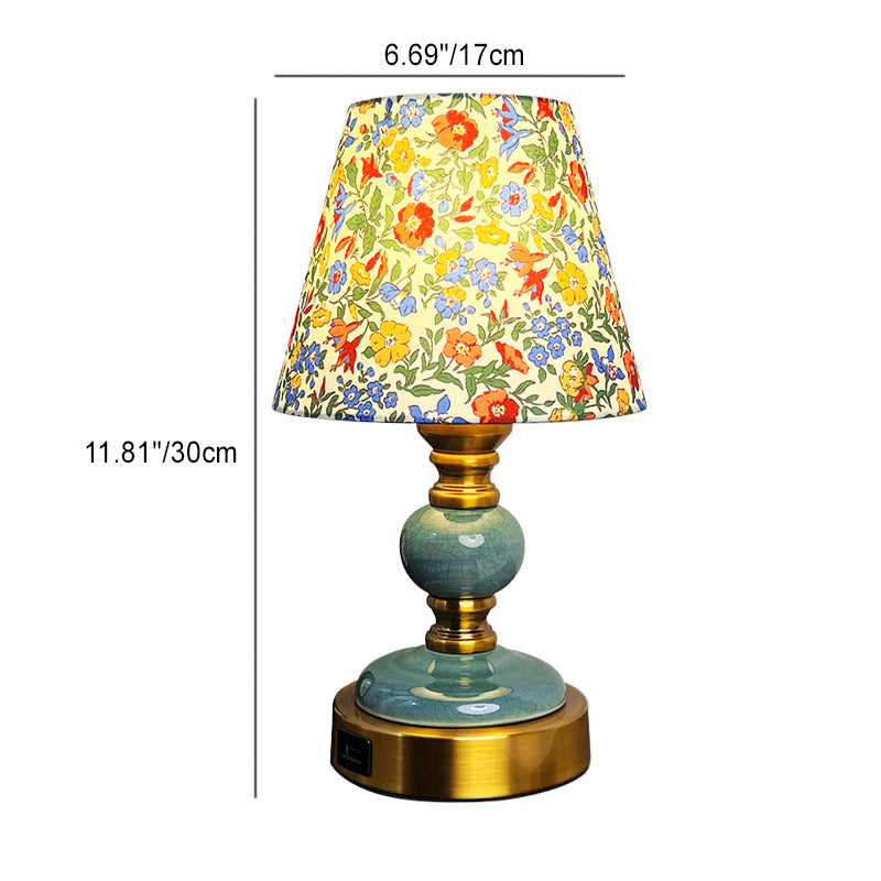 Traditional French Fabric Ceramic Alloy Cylinder Flower Crackle Column 1-Light Table Lamp For Bedside