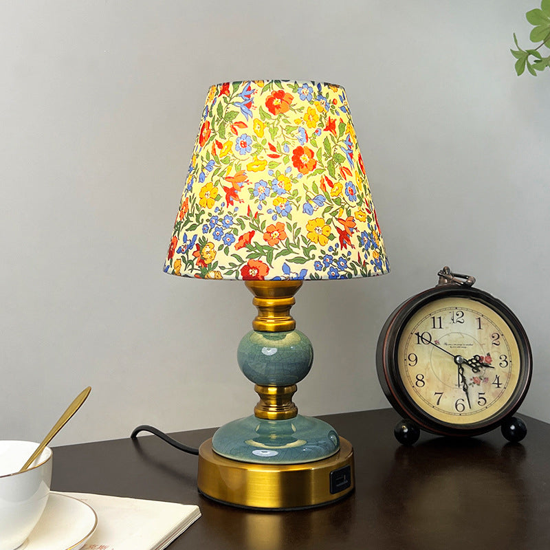 Traditional French Fabric Ceramic Alloy Cylinder Flower Crackle Column 1-Light Table Lamp For Bedside