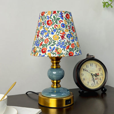 Traditional French Fabric Ceramic Alloy Cylinder Flower Crackle Column 1-Light Table Lamp For Bedside