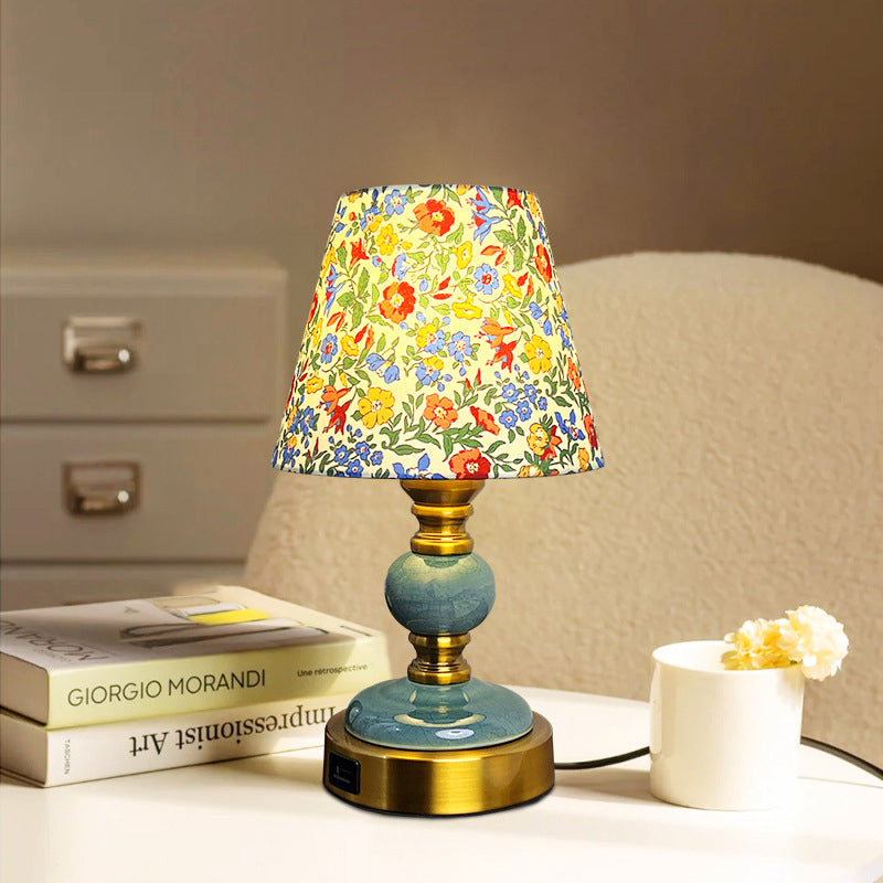 Traditional French Fabric Ceramic Alloy Cylinder Flower Crackle Column 1-Light Table Lamp For Bedside