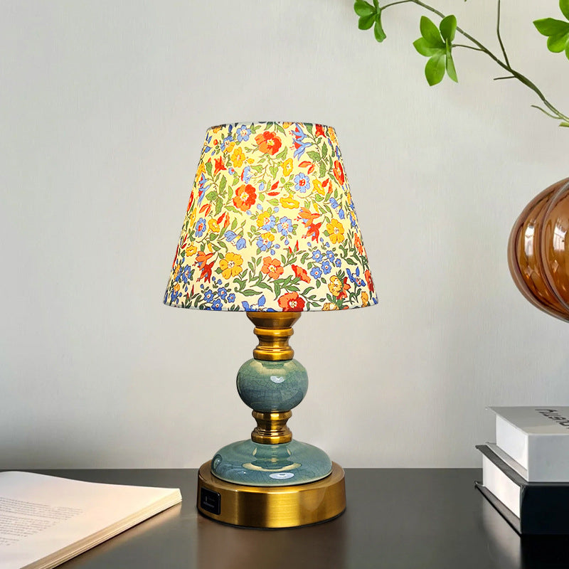 Traditional French Fabric Ceramic Alloy Cylinder Flower Crackle Column 1-Light Table Lamp For Bedside