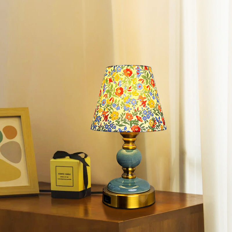 Traditional French Fabric Ceramic Alloy Cylinder Flower Crackle Column 1-Light Table Lamp For Bedside