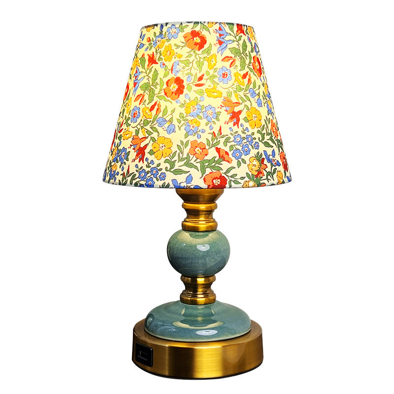 Traditional French Fabric Ceramic Alloy Cylinder Flower Crackle Column 1-Light Table Lamp For Bedside