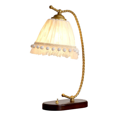 Traditional French Fabric Metal Wood Lace Conic 1-Light Table Lamp For Bedside