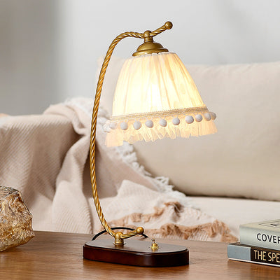 Traditional French Fabric Metal Wood Lace Conic 1-Light Table Lamp For Bedside