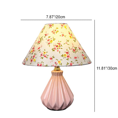 Traditional French Fabric Ceramic Flower Conic 1-Light Table Lamp For Bedside