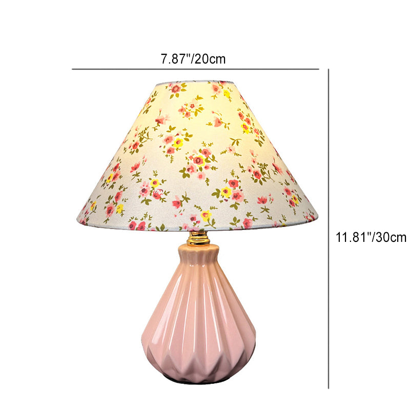 Traditional French Fabric Ceramic Flower Conic 1-Light Table Lamp For Bedside