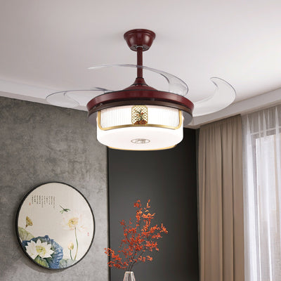 Traditional Chinese Sandalwood Hardware Stainless Steel Acrylic Round Cymbidium LED Downrods Ceiling Fan Light For Living Room