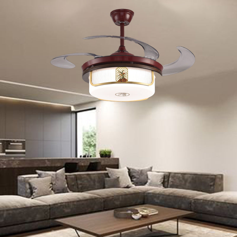 Traditional Chinese Sandalwood Hardware Stainless Steel Acrylic Round Cymbidium LED Downrods Ceiling Fan Light For Living Room