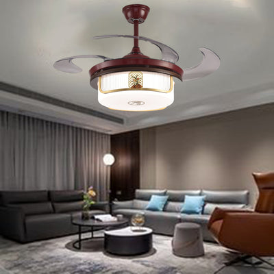 Traditional Chinese Sandalwood Hardware Stainless Steel Acrylic Round Cymbidium LED Downrods Ceiling Fan Light For Living Room