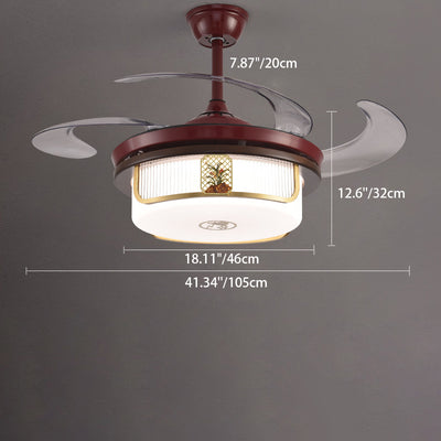 Traditional Chinese Sandalwood Hardware Stainless Steel Acrylic Round Cymbidium LED Downrods Ceiling Fan Light For Living Room