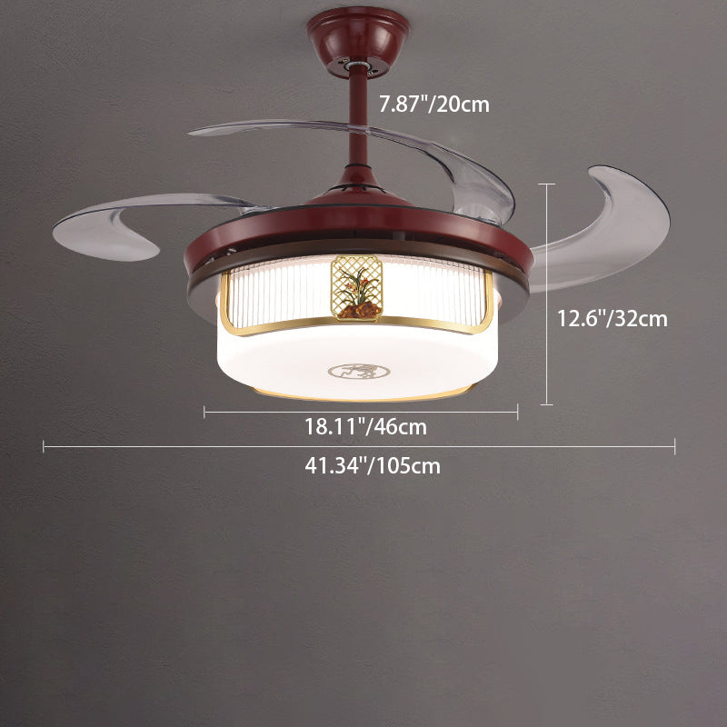 Traditional Chinese Sandalwood Hardware Stainless Steel Acrylic Round Cymbidium LED Downrods Ceiling Fan Light For Living Room