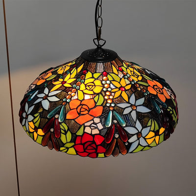 Traditional Tiffany Glass Metal Flower Leaf Beads Hat 2-Light Pendant Light For Bedroom