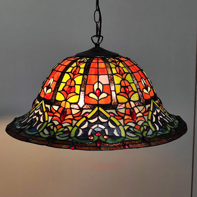 Traditional Tiffany Glass Metal Flower Leaf Beads Hat 2-Light Pendant Light For Bedroom