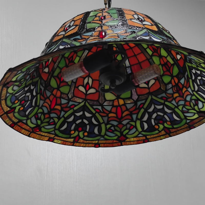 Traditional Tiffany Glass Metal Flower Leaf Beads Hat 2-Light Pendant Light For Bedroom