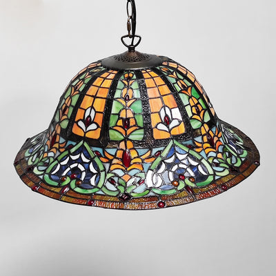 Traditional Tiffany Glass Metal Flower Leaf Beads Hat 2-Light Pendant Light For Bedroom