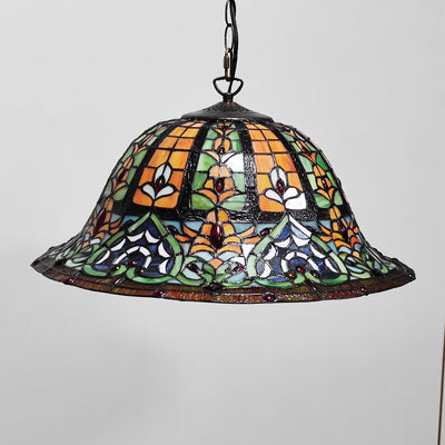 Traditional Tiffany Glass Metal Flower Leaf Beads Hat 2-Light Pendant Light For Bedroom