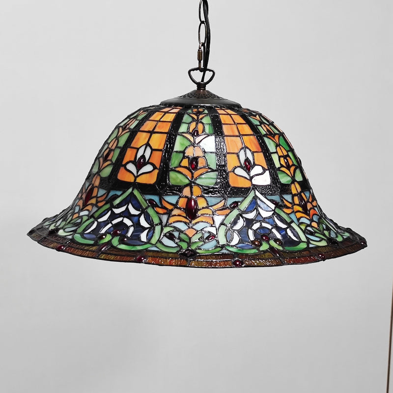 Traditional Tiffany Glass Metal Flower Leaf Beads Hat 2-Light Pendant Light For Bedroom