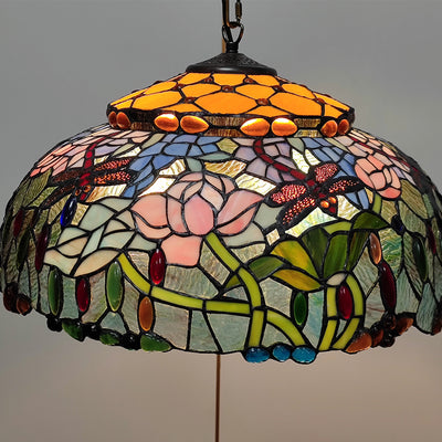 Traditional Tiffany Glass Metal Flower Leaf Beads Hat 2-Light Pendant Light For Bedroom