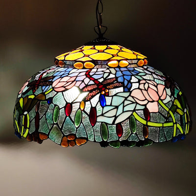 Traditional Tiffany Glass Metal Flower Leaf Beads Hat 2-Light Pendant Light For Bedroom