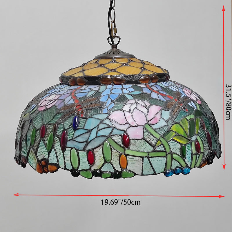 Traditional Tiffany Glass Metal Flower Leaf Beads Hat 2-Light Pendant Light For Bedroom