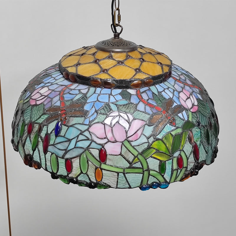 Traditional Tiffany Glass Metal Flower Leaf Beads Hat 2-Light Pendant Light For Bedroom