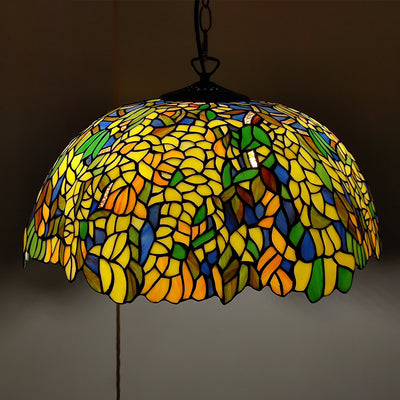 Traditional Tiffany Glass Metal Flower Leaf Beads Hat 2-Light Pendant Light For Bedroom