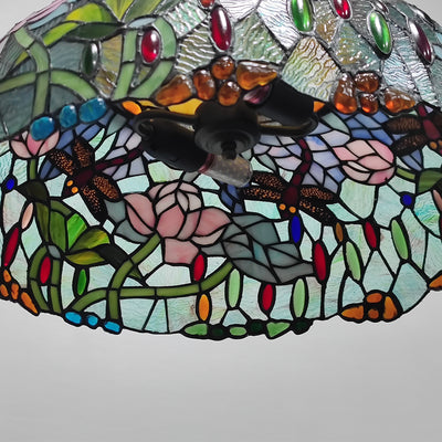 Traditional Tiffany Glass Metal Flower Leaf Beads Hat 2-Light Pendant Light For Bedroom