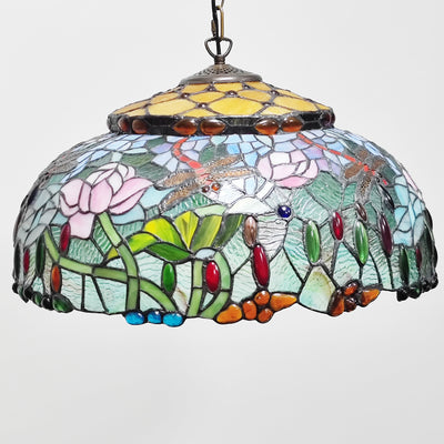 Traditional Tiffany Glass Metal Flower Leaf Beads Hat 2-Light Pendant Light For Bedroom