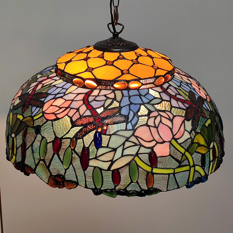 Traditional Tiffany Glass Metal Flower Leaf Beads Hat 2-Light Pendant Light For Bedroom