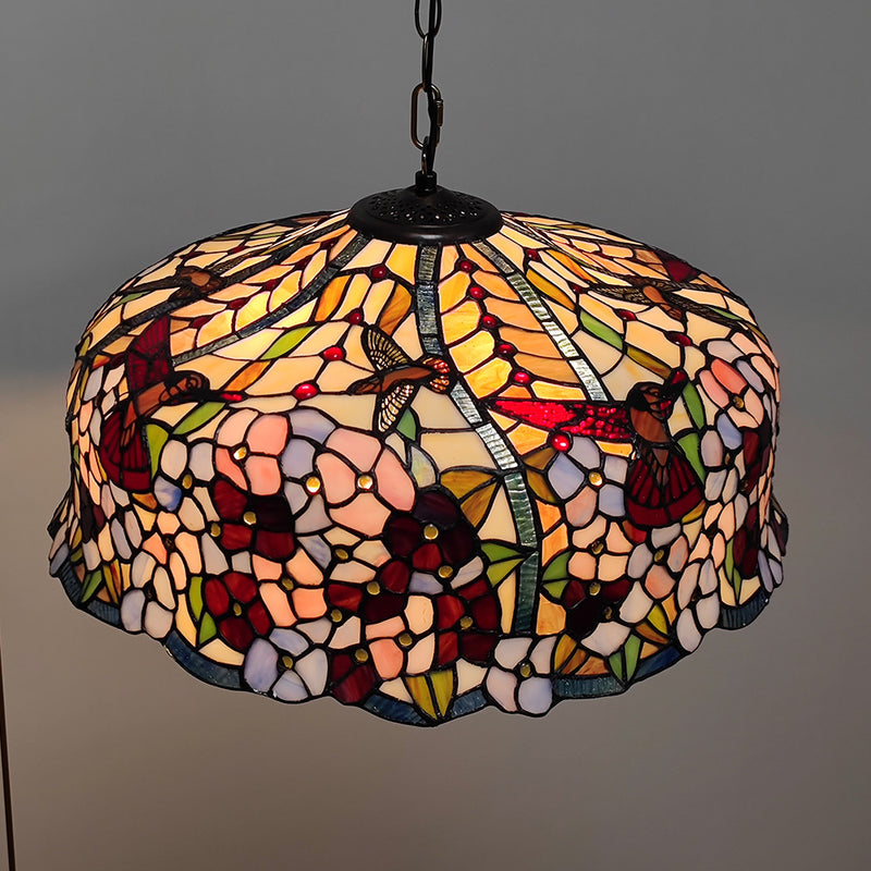 Traditional Tiffany Glass Metal Flower Leaf Beads Hat 2-Light Pendant Light For Bedroom