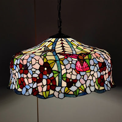 Traditional Tiffany Glass Metal Flower Leaf Beads Hat 2-Light Pendant Light For Bedroom