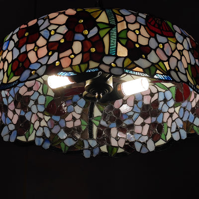 Traditional Tiffany Glass Metal Flower Leaf Beads Hat 2-Light Pendant Light For Bedroom