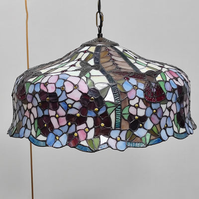 Traditional Tiffany Glass Metal Flower Leaf Beads Hat 2-Light Pendant Light For Bedroom