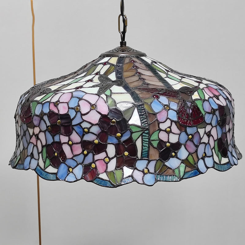 Traditional Tiffany Glass Metal Flower Leaf Beads Hat 2-Light Pendant Light For Bedroom