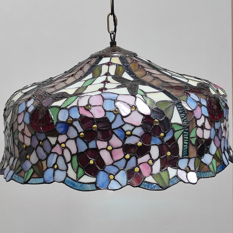 Traditional Tiffany Glass Metal Flower Leaf Beads Hat 2-Light Pendant Light For Bedroom