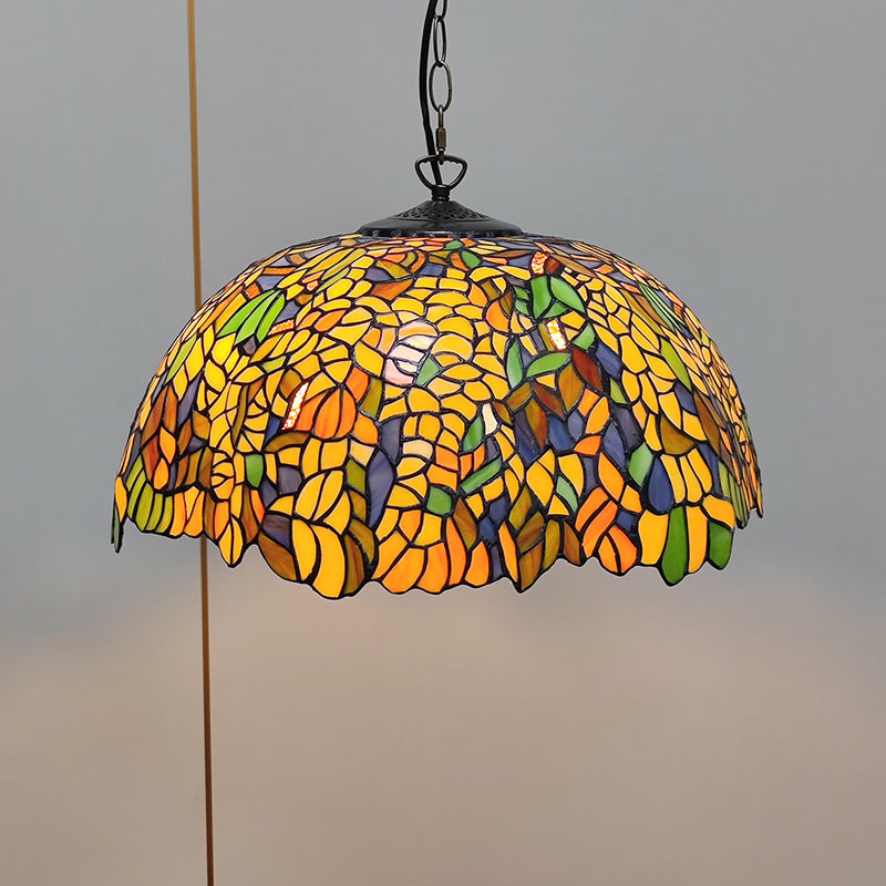 Traditional Tiffany Glass Metal Flower Leaf Beads Hat 2-Light Pendant Light For Bedroom