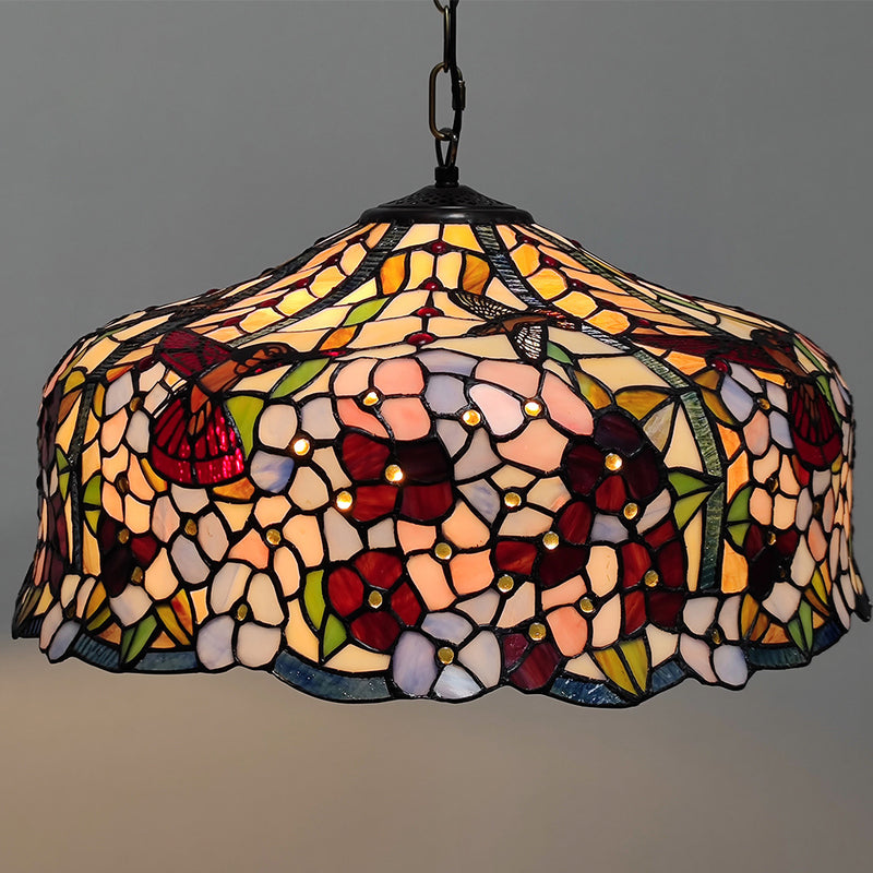 Traditional Tiffany Glass Metal Flower Leaf Beads Hat 2-Light Pendant Light For Bedroom