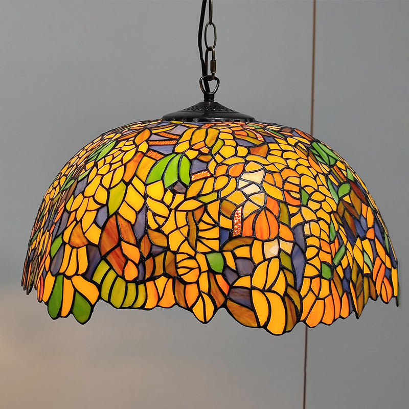 Traditional Tiffany Glass Metal Flower Leaf Beads Hat 2-Light Pendant Light For Bedroom