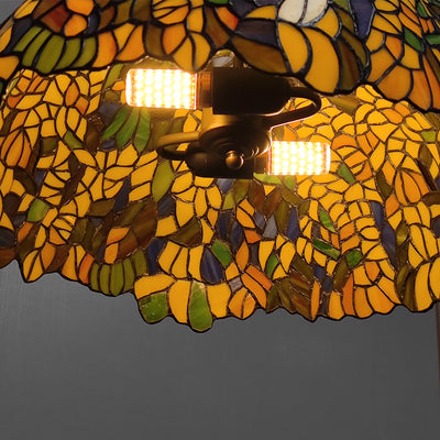 Traditional Tiffany Glass Metal Flower Leaf Beads Hat 2-Light Pendant Light For Bedroom