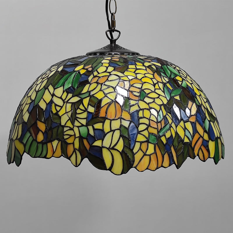 Traditional Tiffany Glass Metal Flower Leaf Beads Hat 2-Light Pendant Light For Bedroom