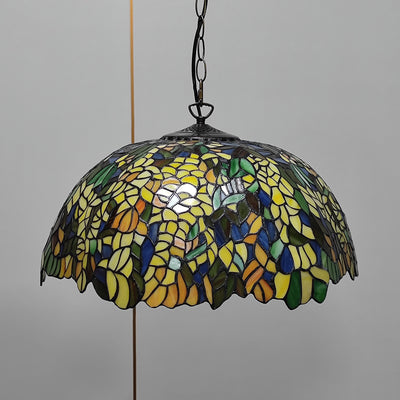 Traditional Tiffany Glass Metal Flower Leaf Beads Hat 2-Light Pendant Light For Bedroom