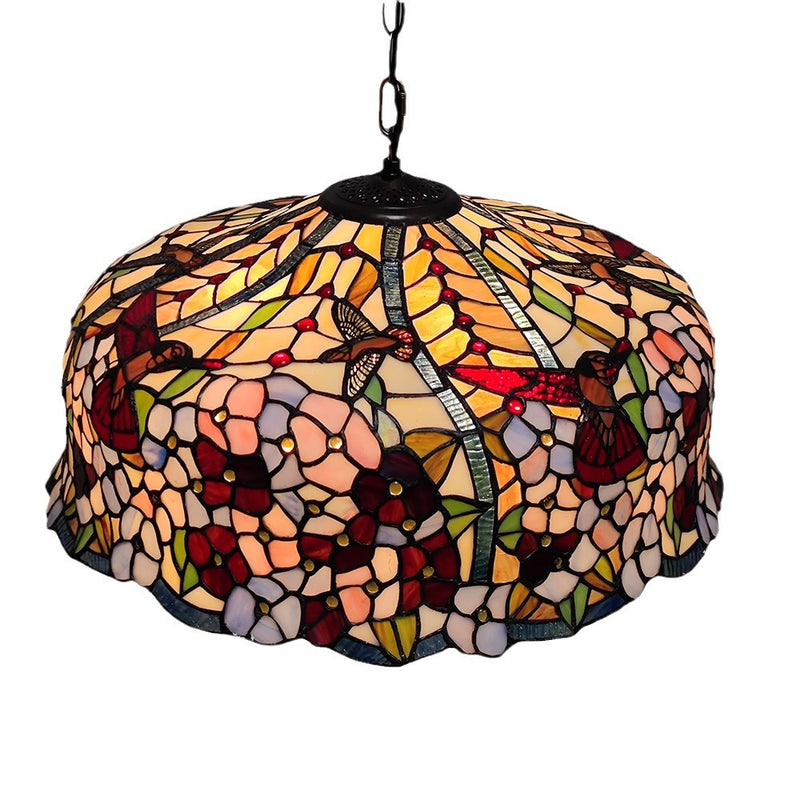 Traditional Tiffany Glass Metal Flower Leaf Beads Hat 2-Light Pendant Light For Bedroom