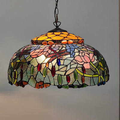 Traditional Tiffany Glass Metal Flower Leaf Beads Hat 2-Light Pendant Light For Bedroom