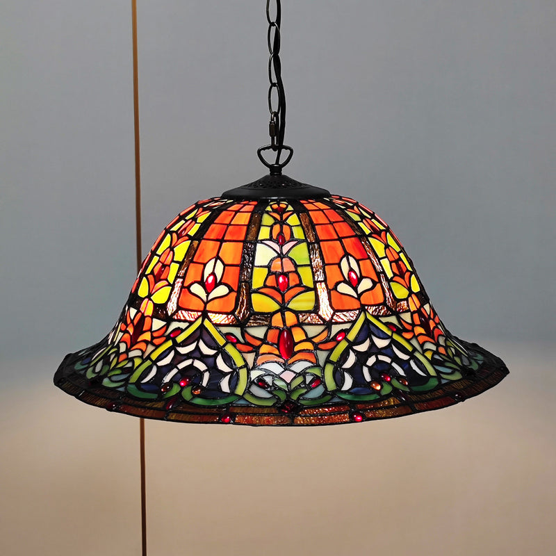 Traditional Tiffany Glass Metal Flower Leaf Beads Hat 2-Light Pendant Light For Bedroom