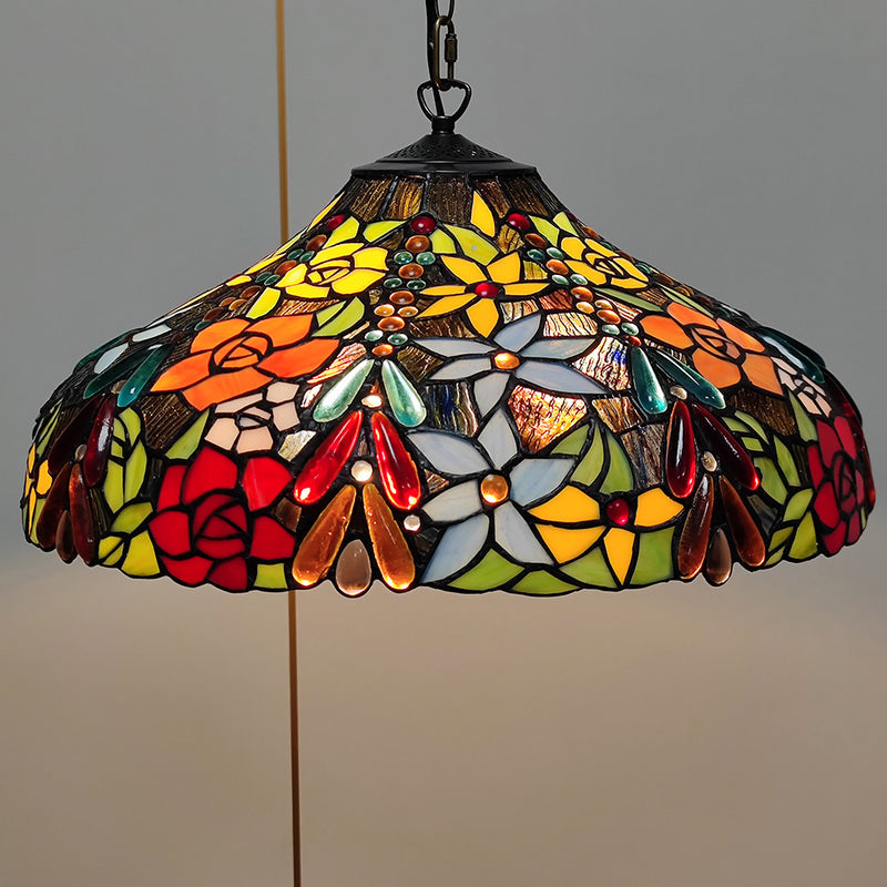 Traditional Tiffany Glass Metal Flower Leaf Beads Hat 2-Light Pendant Light For Bedroom