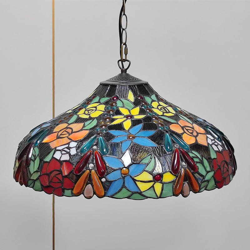 Traditional Tiffany Glass Metal Flower Leaf Beads Hat 2-Light Pendant Light For Bedroom