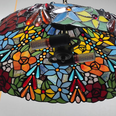 Traditional Tiffany Glass Metal Flower Leaf Beads Hat 2-Light Pendant Light For Bedroom